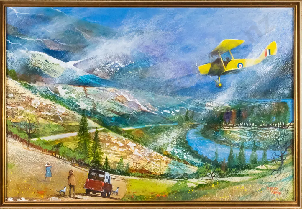 Maynard Waters - framed oil on board - "Moth over Wanaka" H-370 W-560 Image 1++