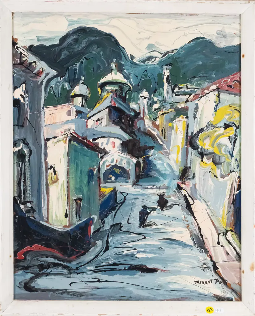 Merrill Peck - framed oil - town scene H-500 W-390 Image 1++