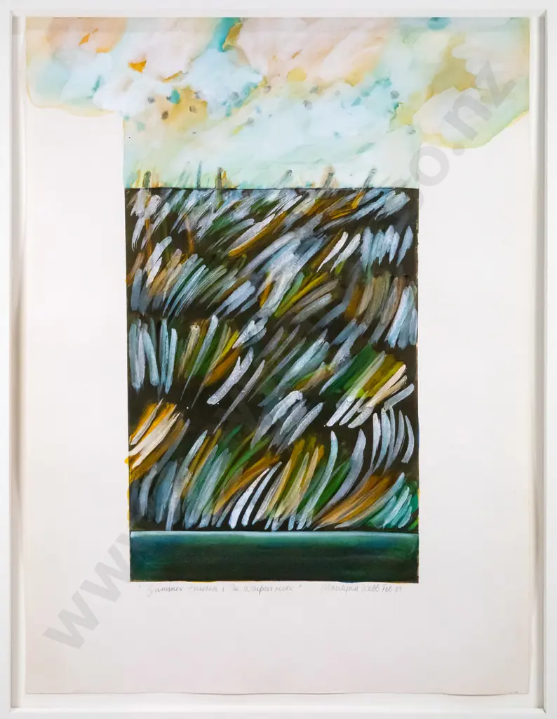 Marilynn Webb Feb 81 - mounted and matted print w/watercolour - "Summer Tussock, Waipori River" H-640 W-560 Image 1++