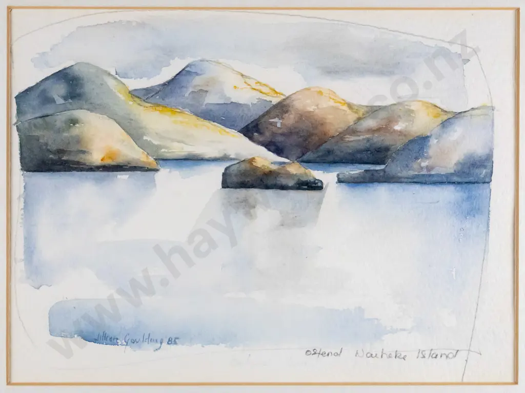 Jillian Goulding '85 - framed watercolour - Ostend Waiheke Island H-190 W-260 Image 1++