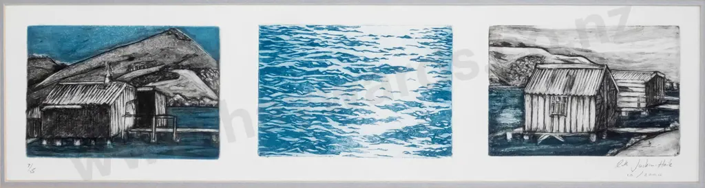 Ruth Jackson-Haile 10/2000 - framed ltd edition print 7/15 - boat sheds & harbour H-100 W-480 Image 1++