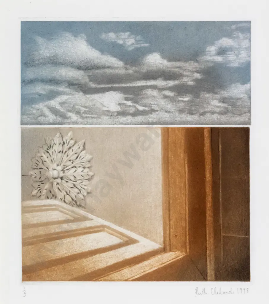 Ruth Clelland 1998  - framed lithograph 1/5 - ceiling light fixture & flowers H-160 W-145 Image 1++