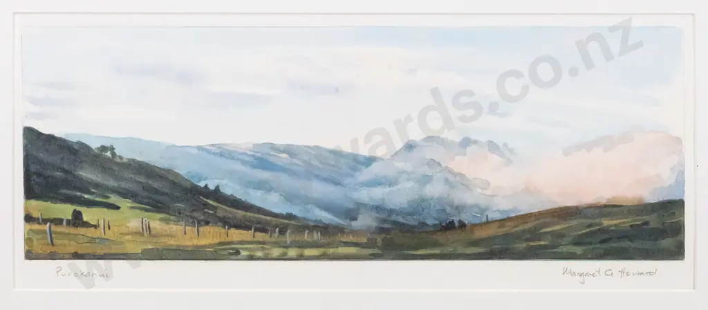 Margaret Anne Howard - framed watercolour - "Purakaunui" H-140 W-390 Image 1++