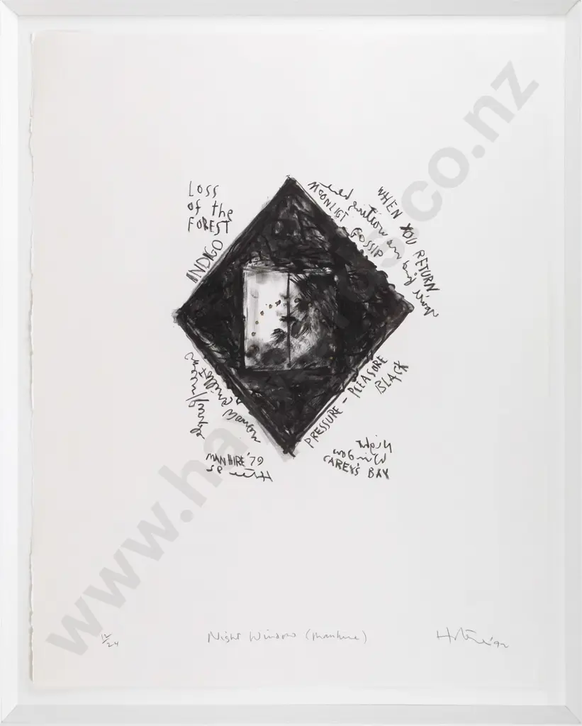 Ralph Hotere - framed lithograph  12/24 "Night Window (with Manhire)" H-610 W-490 Image 1++