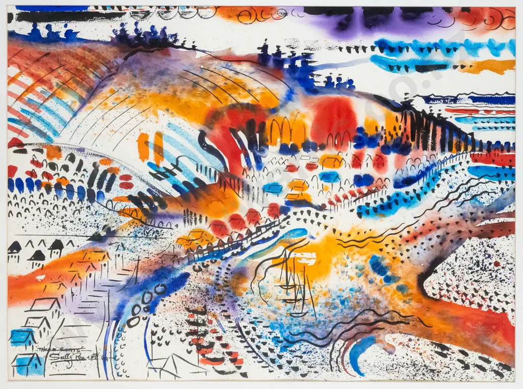 illegible signature - framed watercolour- abstract harbour scene H-520 W-700 Image 1++