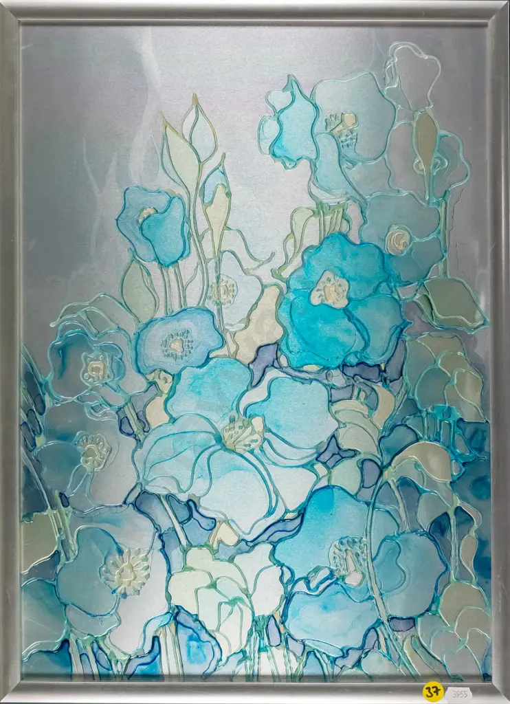 Rita Blakeley - framed mixed media - blue flowers H-440 W-310 Image 1++