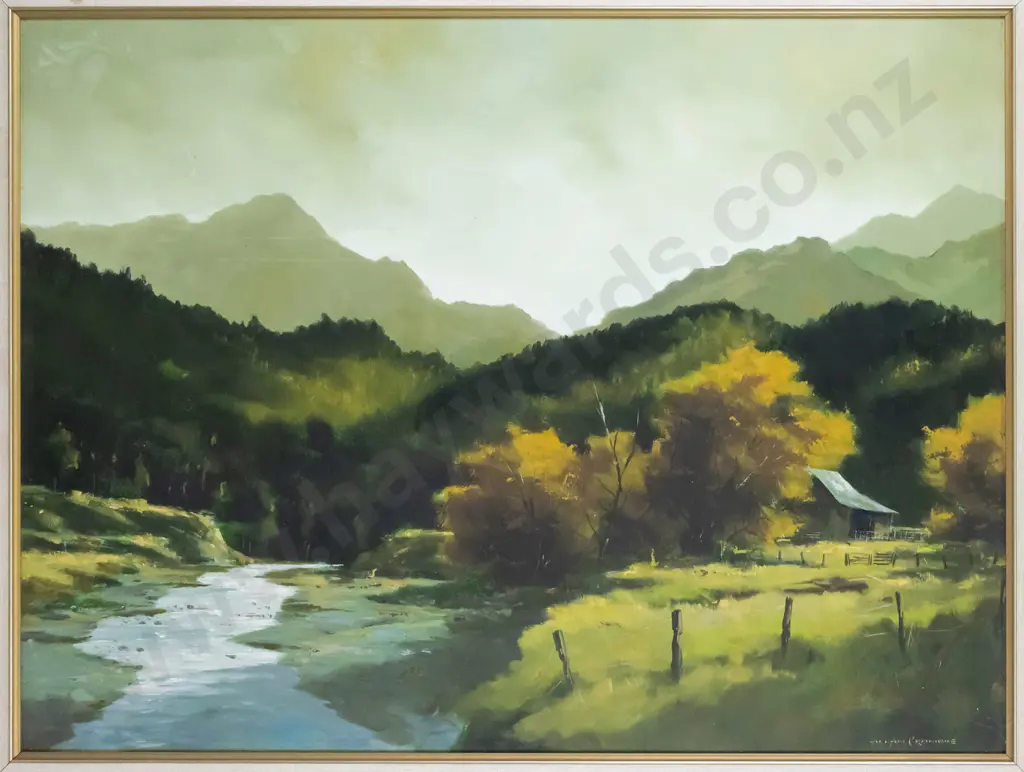 Allan Crombie - framed oil on board - "River scene North Canterbury" H-520 W-700, water damage Image 1++