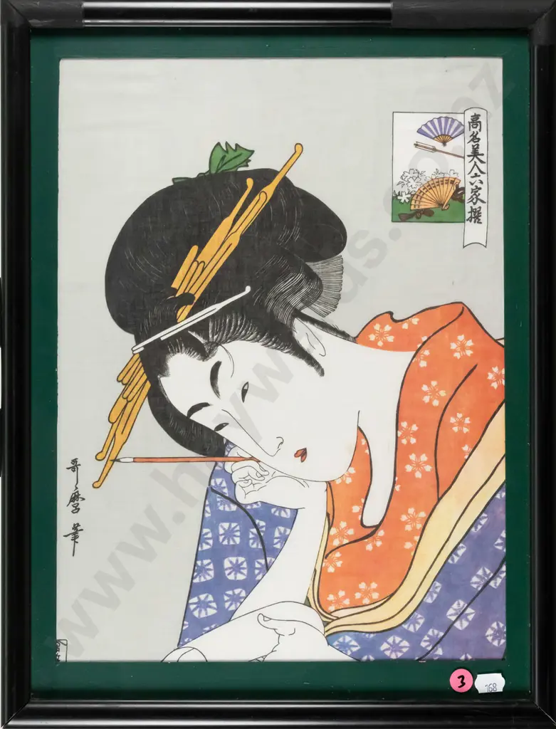 framed Japanese print on silk - female portrait  (slight wrinkles to silk)  H-360 W-270 Image 1++