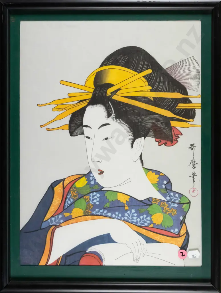 framed Japanese print on silk - female portrait  (slight wrinkles to silk)  H-360 W-270 Image 1++