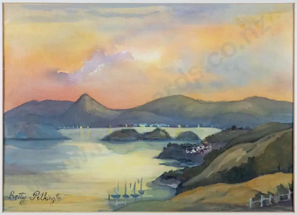 Betty Pilkington - framed watercolour - Otago harbour looking towards Portobello H-250 W-345 Image 1++
