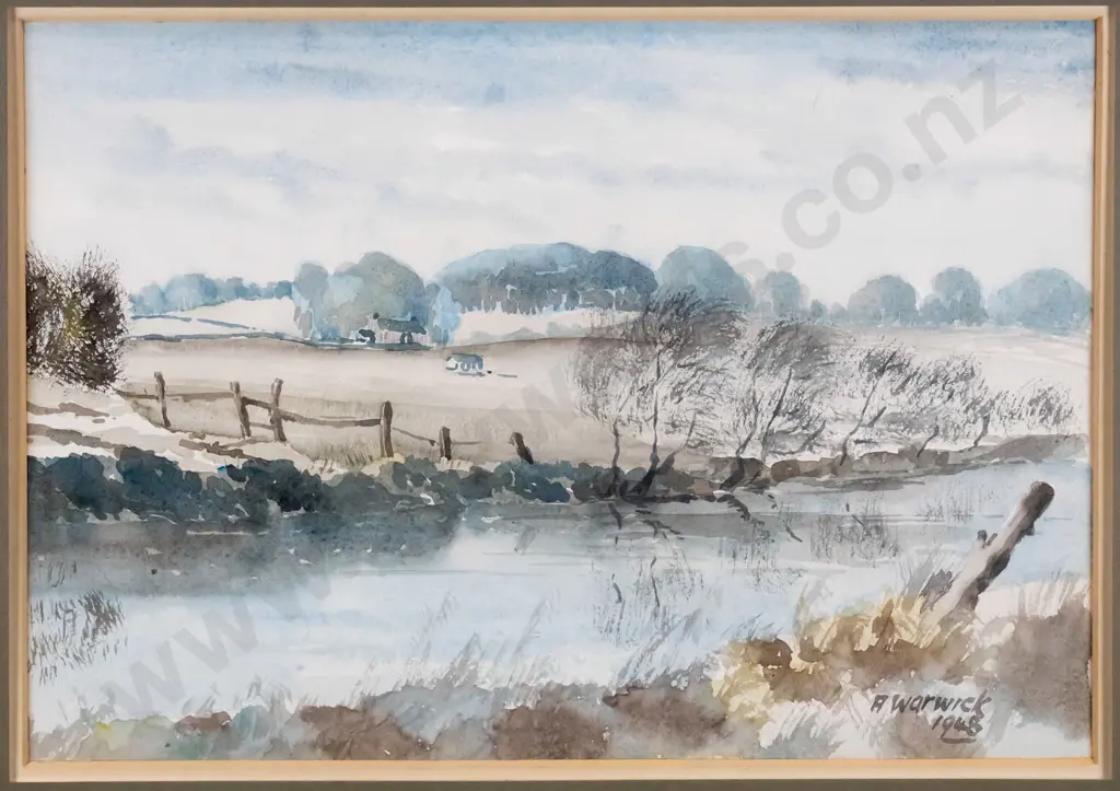 A Warwick 1948 - framed watercolour - country scene H-240 W-350 Image 1++