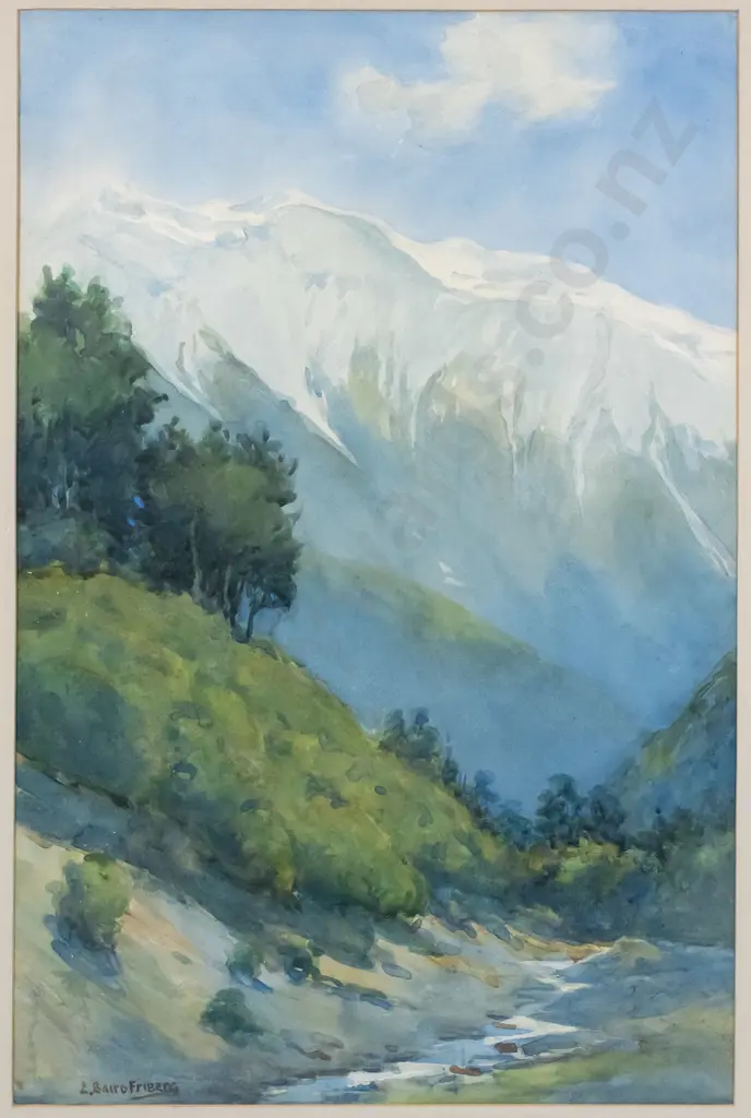 E Baird Friberg - framed watercolour- mountain scene H-440 W-290 Image 1++