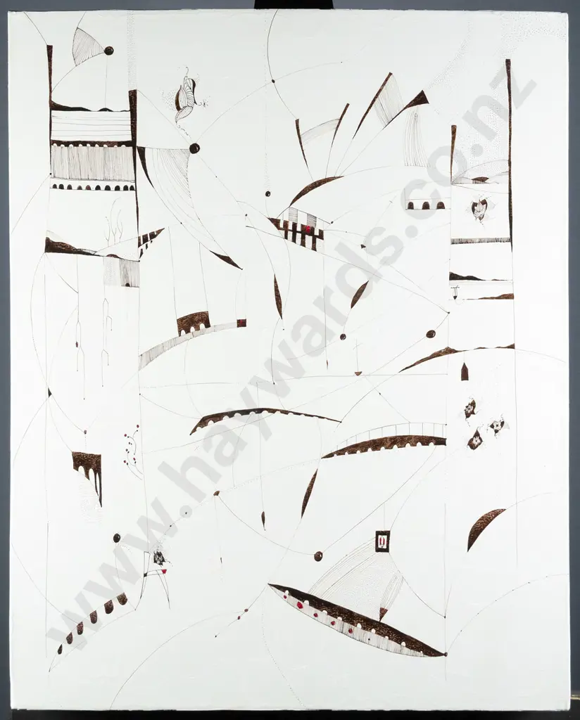 Fran Leitch 2006 - boxed oil with pen & ink overlay- "The Pomegranate Bridge" H-500 W-400 Image 1++
