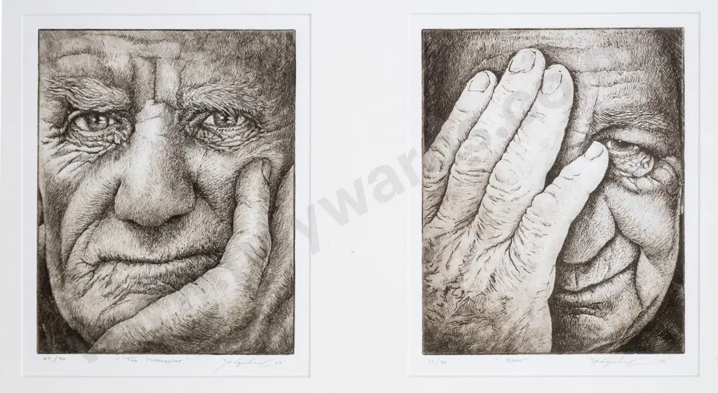 Deidre Copeland May 2005 -framed etchings- "The philosopher & Bun" each H-250 W-200 Image 1++