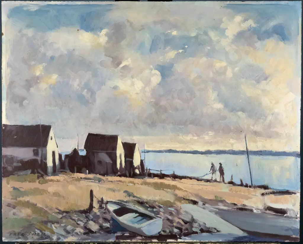 Fred O'Neill 1977 - framed oil - "Fishing huts - Moeraki" H-410 W-500 Image 1++