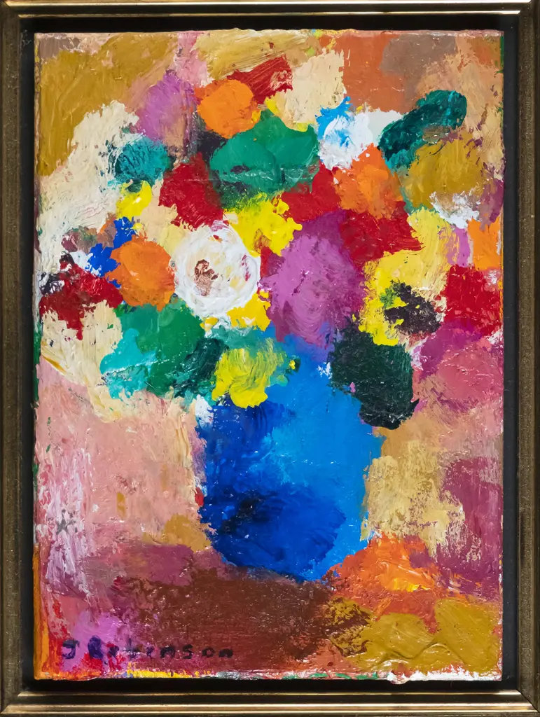 J Robinson - framed oil- flowers in blue vase- H-150 W-110 Image 1++