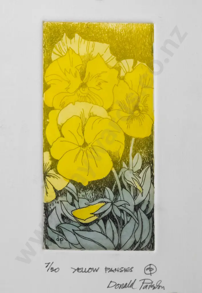 Donald Paterson - glass mounted ltd edition print 7/30 "Yellow Pansies"  H-120 W-65 Image 1++