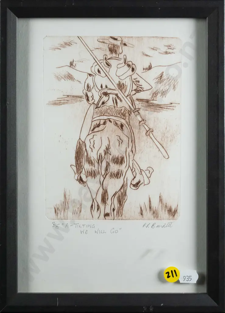 Pamela Burdett - framed dry point etching 2/5- "A tilting we will go" H-160 W-120 Image 1++