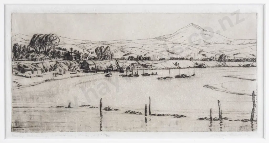 illegible signature -framed etching 10/20 - "Early Morning Otago Harbour" H-90  W-200 Image 1++