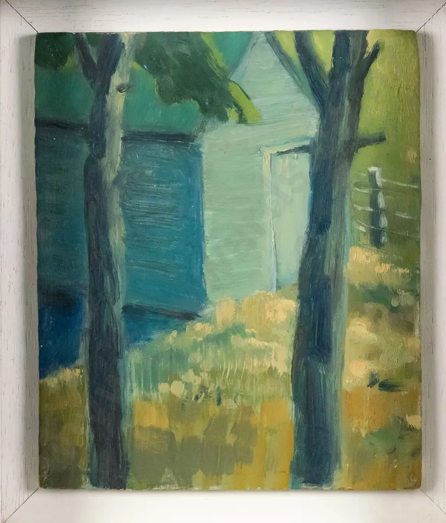 unsigned -framed oil- trees & shed H-150 W-155 Image 1++