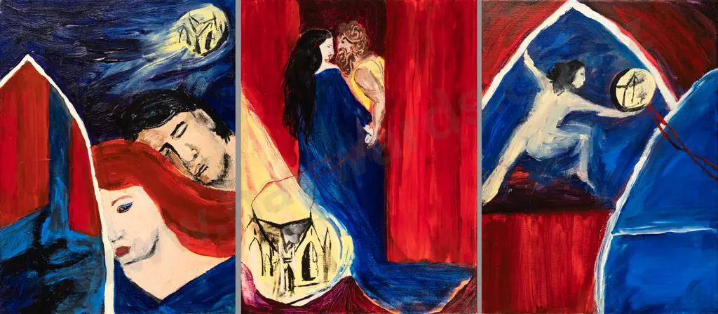 Amber Moffat -boxed oil on canvas tryptic- "Act I, Act II, Act II" each painting H-305 W-225 Image 1++