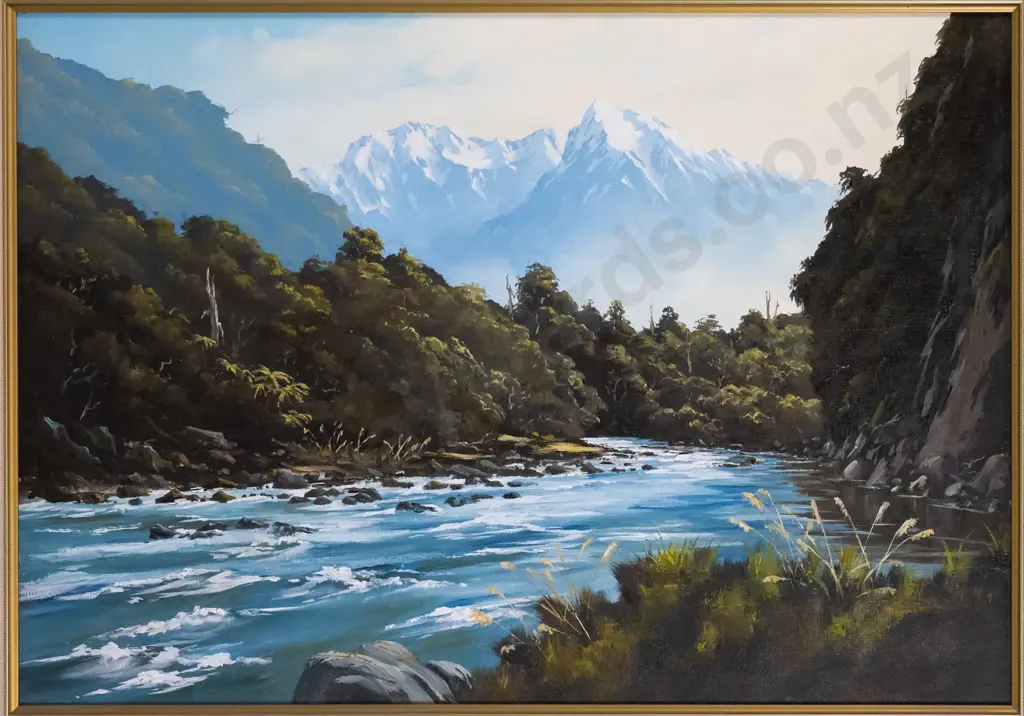 Ron Warnes - framed oil on board- "Cook River South Westland" H-420 W-600 Image 1++