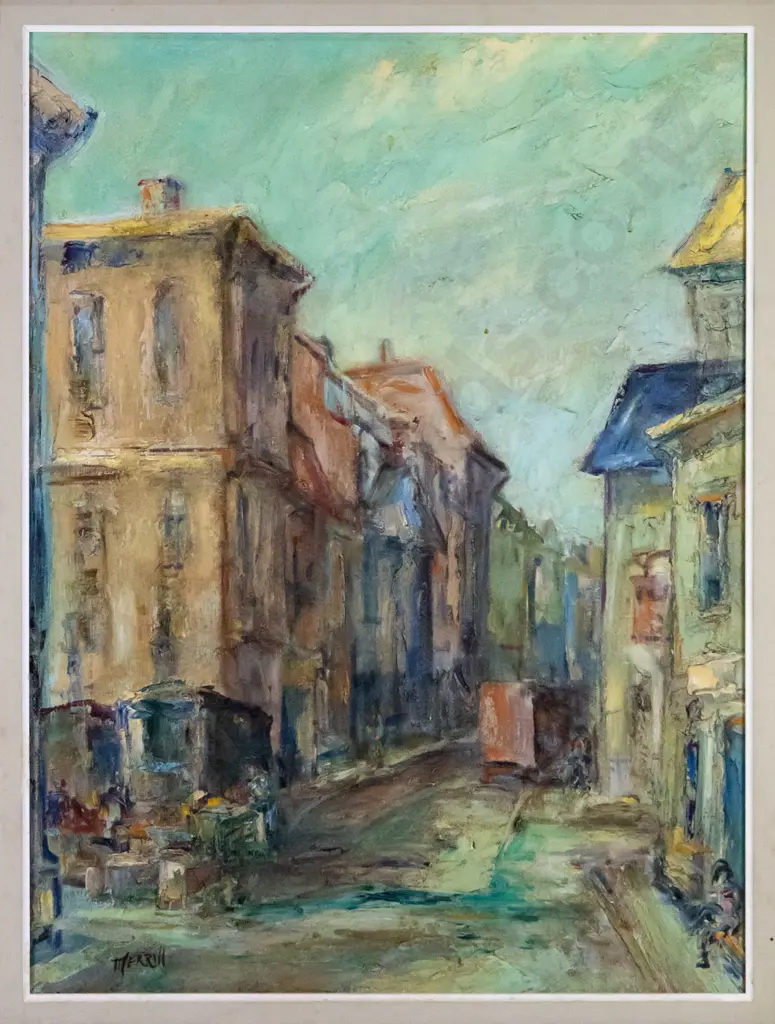 Merrill - framed oil - city street scene H-590 W-440 Image 1++