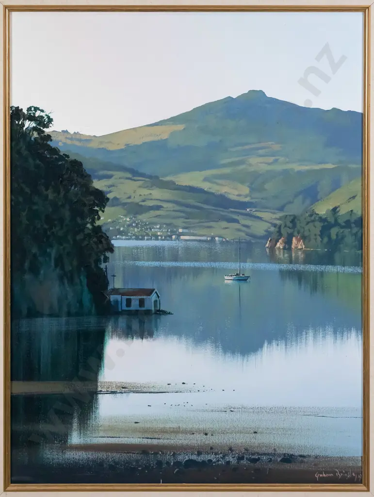 Graham Brinsley 07- framed oil on board - Otago Harbour scene H-590 W-440 Image 1++