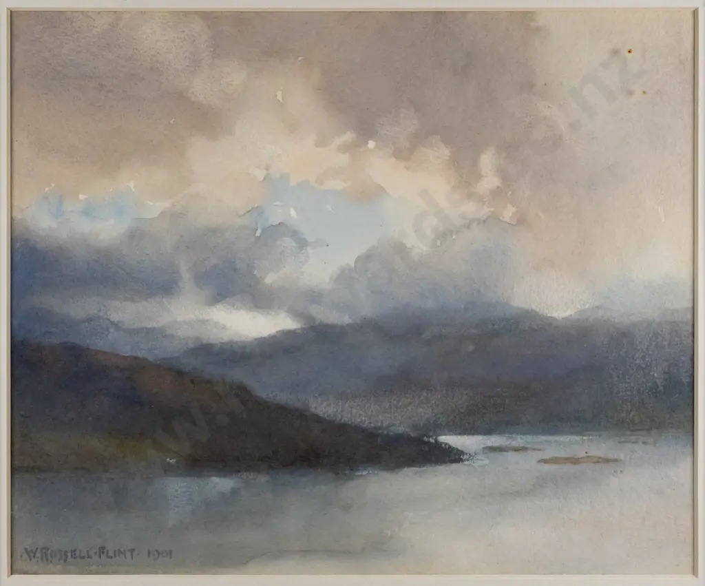 W Russell Flint 1901 - framed watercolour- lake & mountain scene H-230 W-280 Image 1++