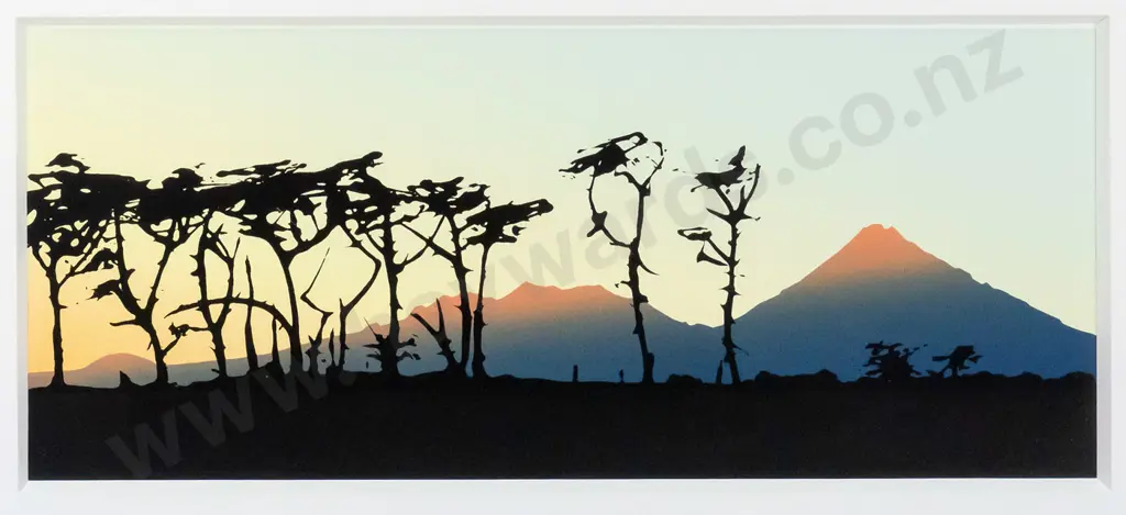unsigned - framed lino print- Mt Taranaki H-210 W-490 Image 1++