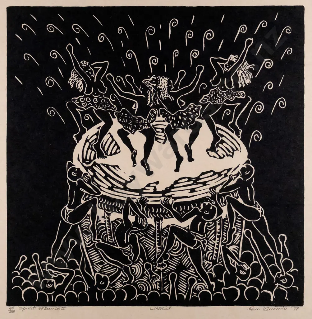 Rui Quimio 97 -framed linocut 48/50- "Spirt of dance II" H-300 W-300 Image 1++