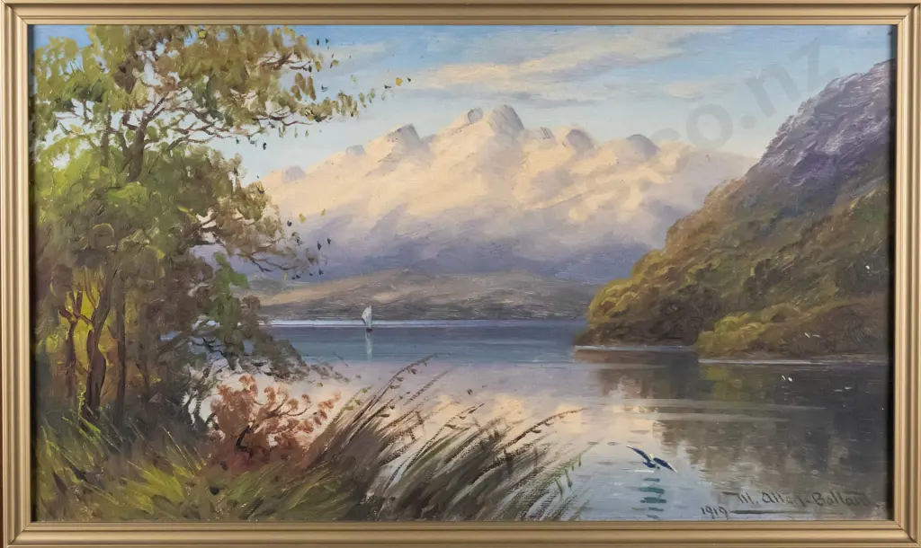 W Allen Bollard 1919 -framed oil on board- lake & mountain scene H-265 W-450 Image 1++