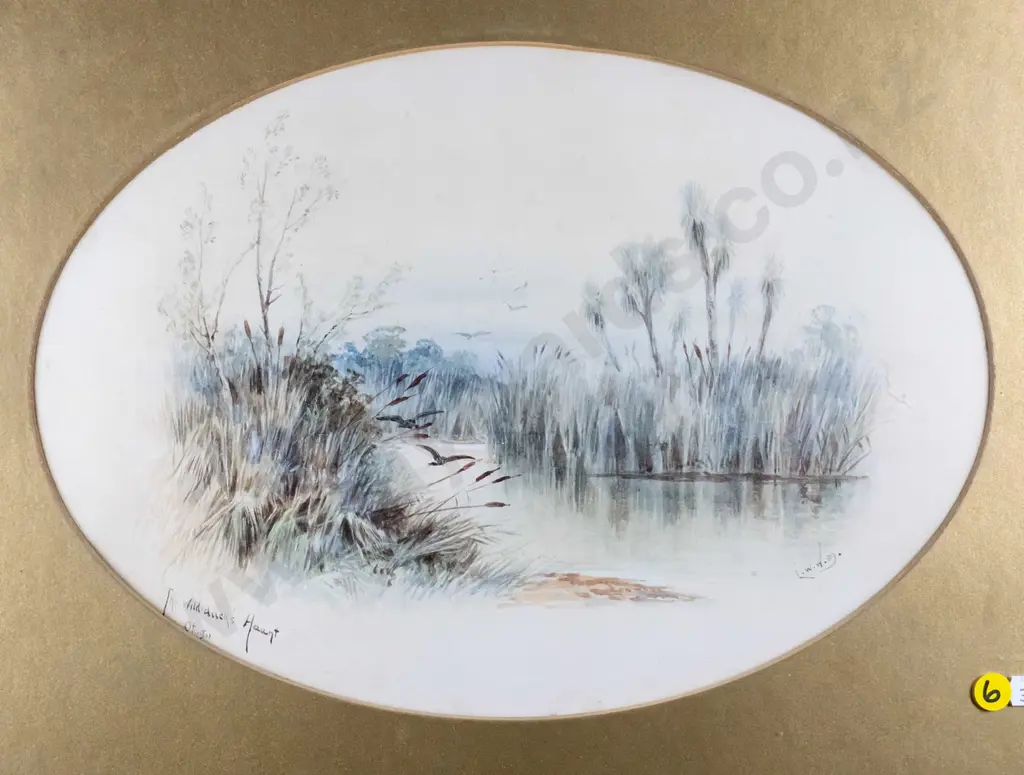 LW Wilson -framed watercolour- "The Wild Duck's Haunt Otago" slight foxing H-250 W-350 Image 1++