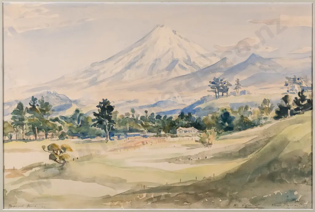 illegible signature -framed watercolour- "Mount Egmont New Plymouth" H-255 W-385 Image 1++