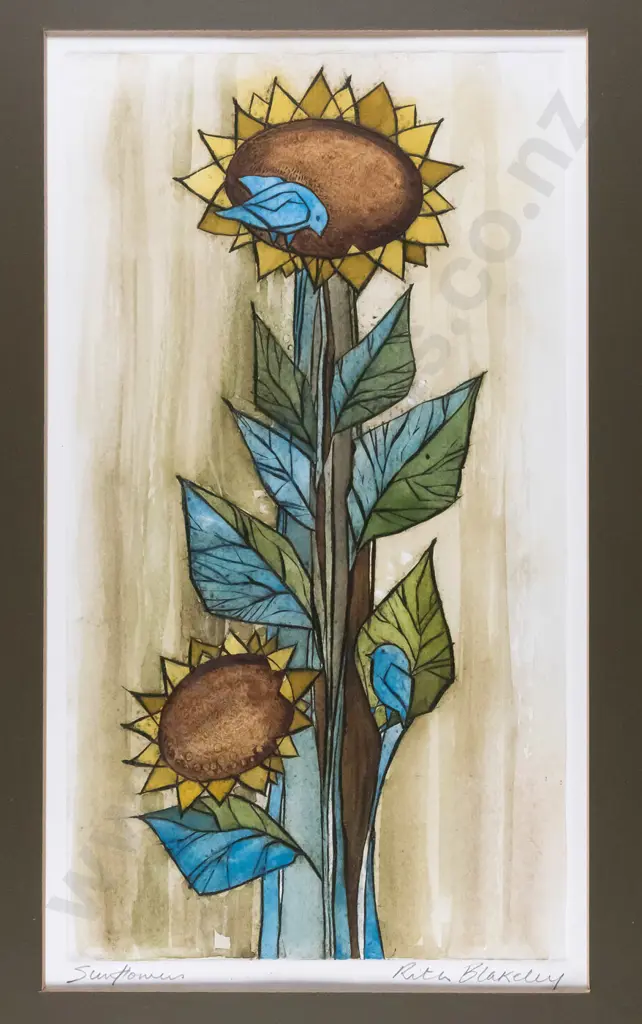 Rita Blakeley - framed watercolour- sunflowers H-340 W-190 Image 1++