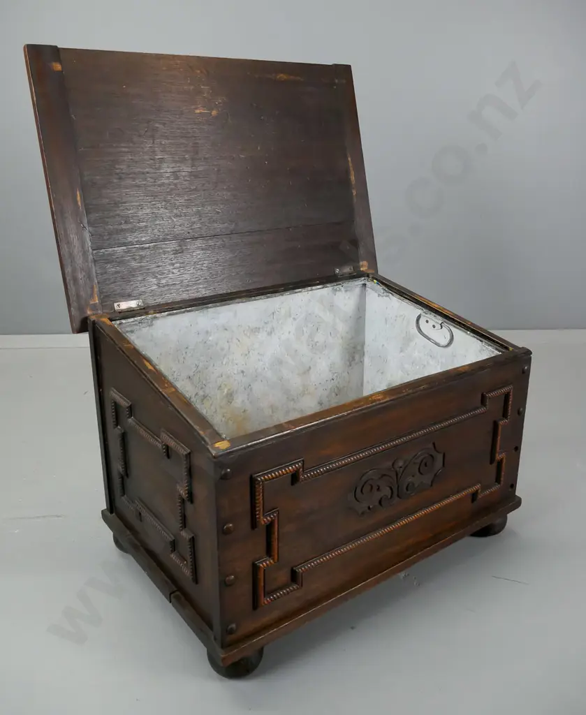 deco slope-top firewood box with beaded rope and carved detail, tin liner - some movement in joints, some surface Image 1++