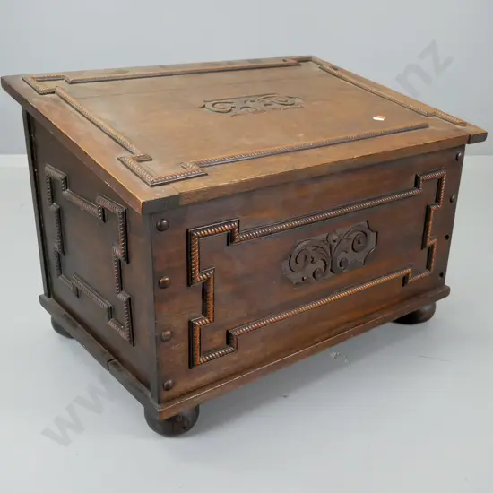 deco slope-top firewood box with beaded rope and carved detail, tin liner - some movement in joints, some surface