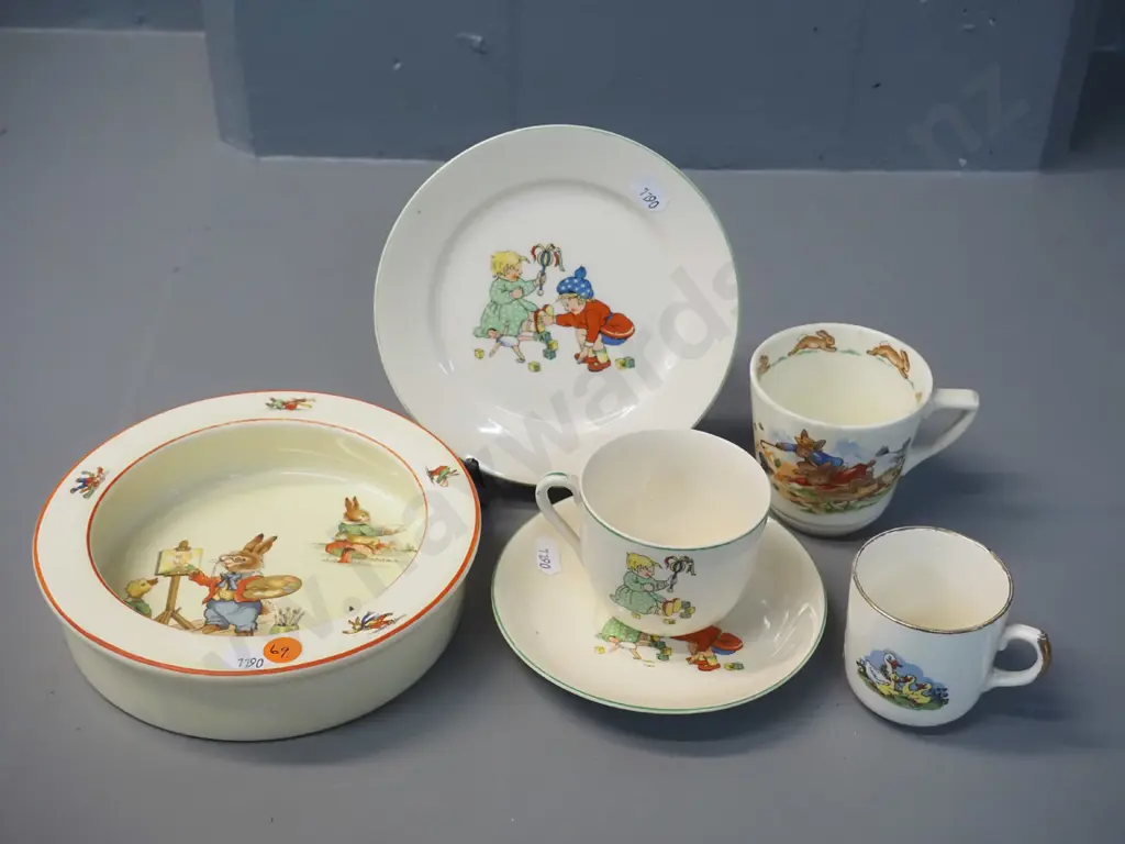 assorted children's table ware including Royal Winton bowl D-170, Crown Lynn and Bunnykins cups, English trio Image 1++