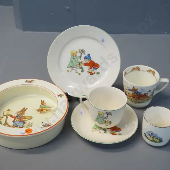 assorted children's table ware including Royal Winton bowl D-170, Crown Lynn and Bunnykins cups, English trio