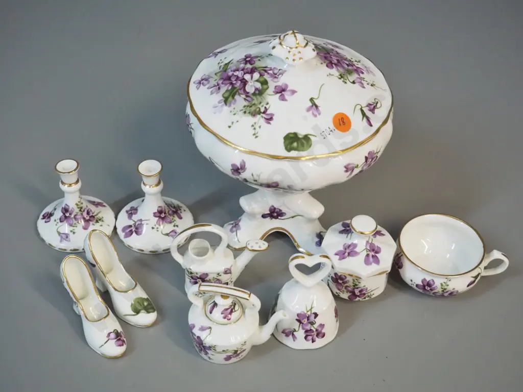 Hammersley violets pattern china - lidded 3-footed comport H-190 D-160 and 9 assorted miniatures. Image 1++