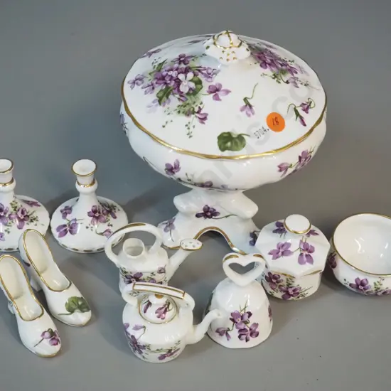 Hammersley violets pattern china - lidded 3-footed comport H-190 D-160 and 9 assorted miniatures.