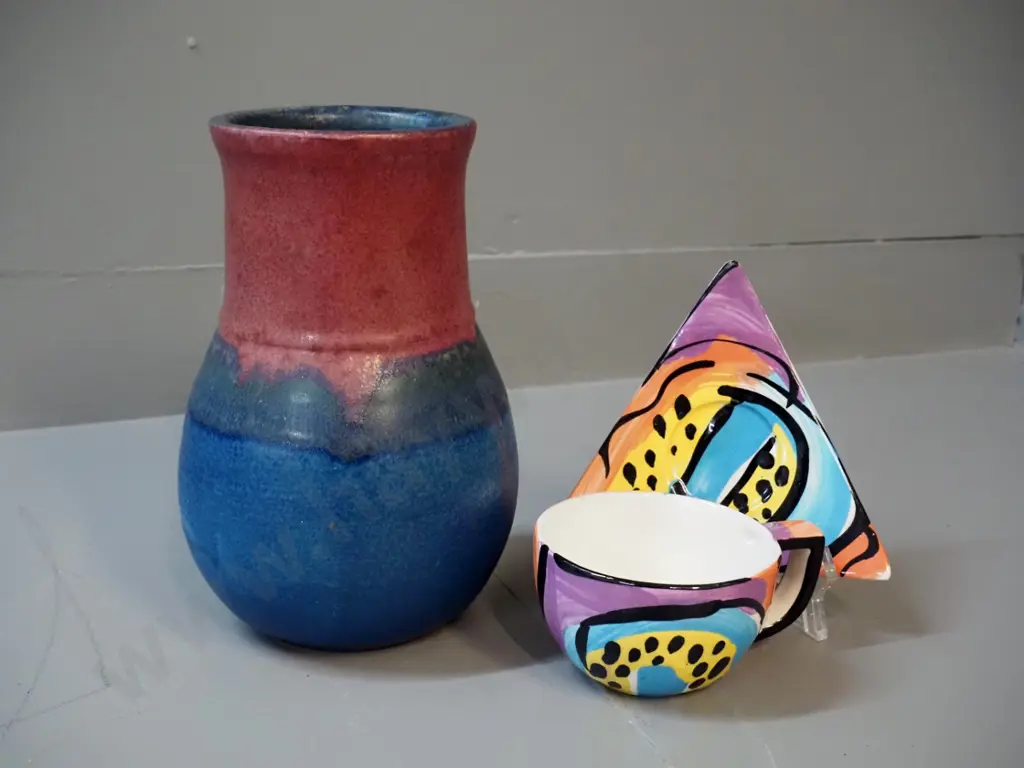 2 NZ studio pottery items - Barry & Diane Woods Golden Bay vase H-210 and a hand-painted cup & saucer Image 1++