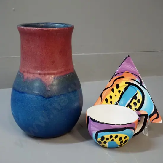 2 NZ studio pottery items - Barry & Diane Woods Golden Bay vase H-210 and a hand-painted cup & saucer