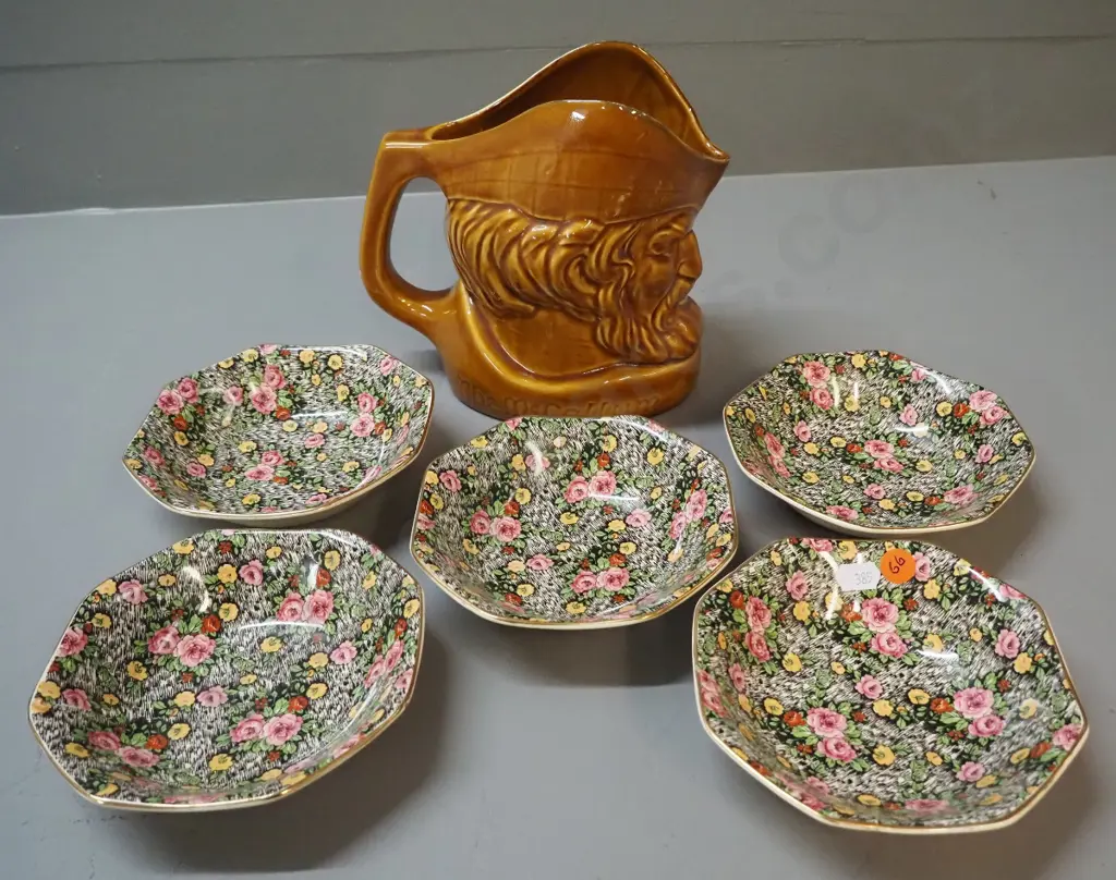 Macallan whisky jug and 5 Empire Trellis Rose all-over-floral sweet dishes Image 1++