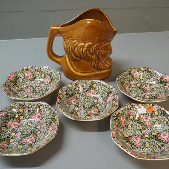 Macallan whisky jug and 5 Empire Trellis Rose all-over-floral sweet dishes