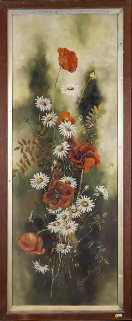 Queenie McKay 1901 - framed oil - flowers. Some damage to frame, aging to paint. H-1200 W-440 Image 1++
