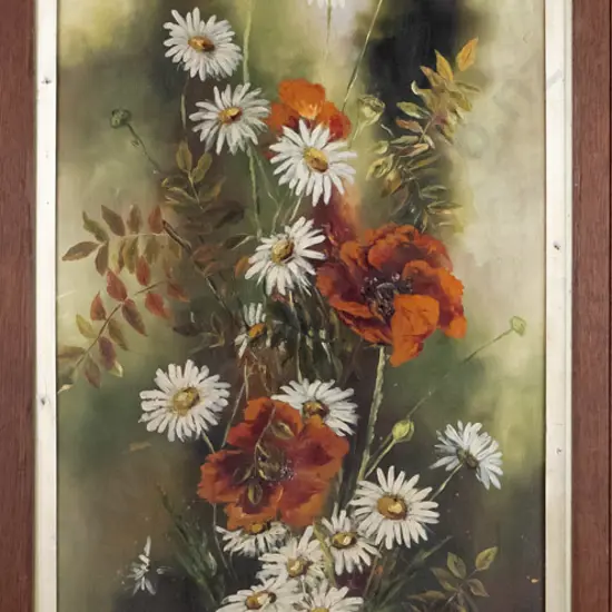 Queenie McKay 1901 - framed oil - flowers. Some damage to frame, aging to paint. H-1200 W-440