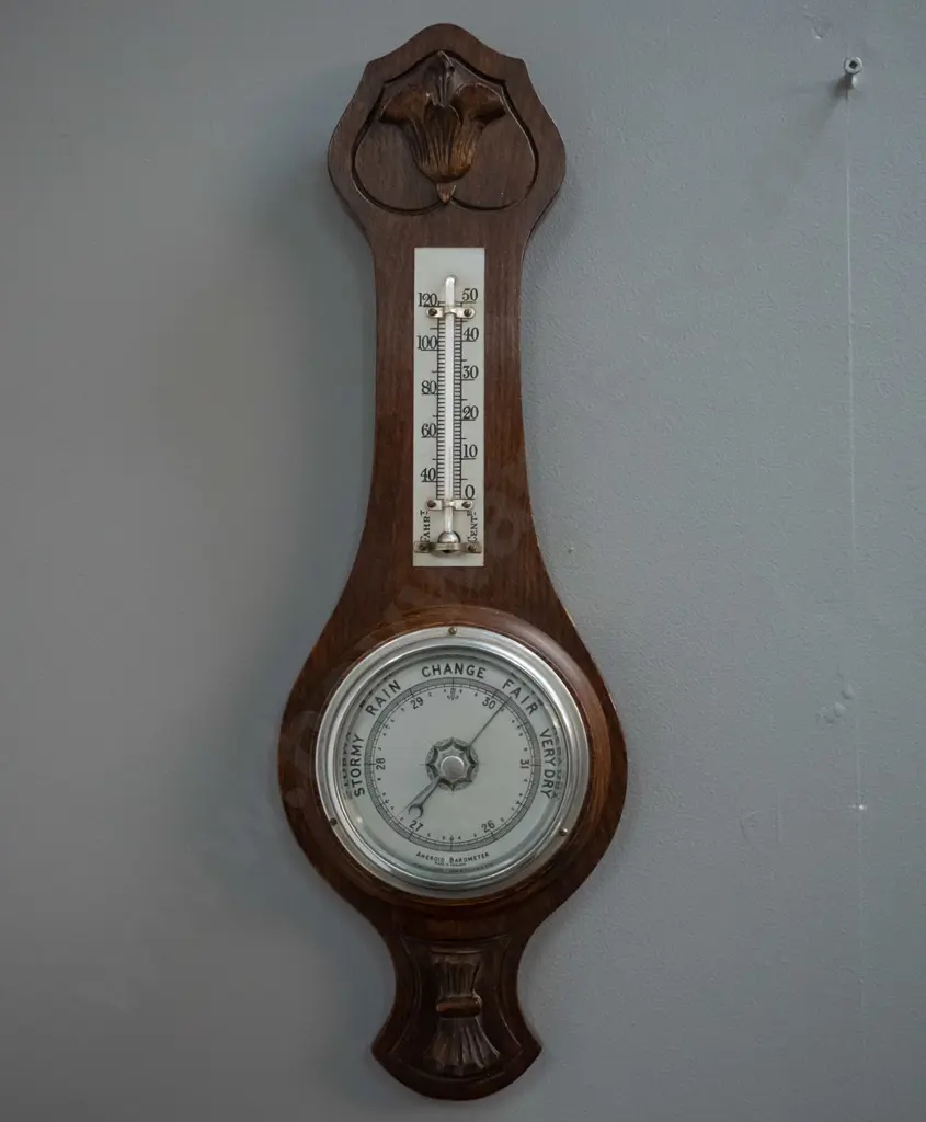 vintage oak-cased wall thermometer-barometer, marked Made in England H-450 Image 1++
