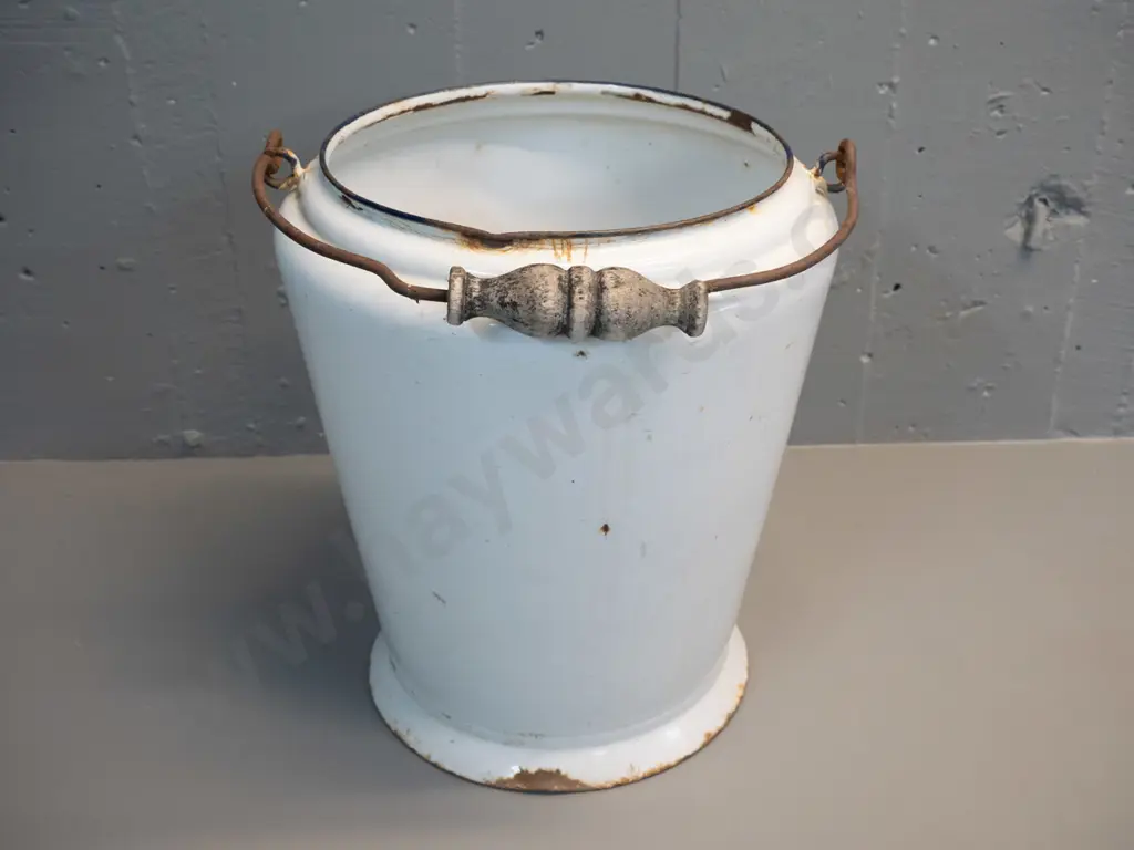 vintage enamelled metal handled pail - general wear, dents, chips to enamel and wooden handle H340 D290 Image 1++