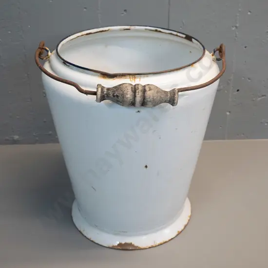 vintage enamelled metal handled pail - general wear, dents, chips to enamel and wooden handle H340 D290